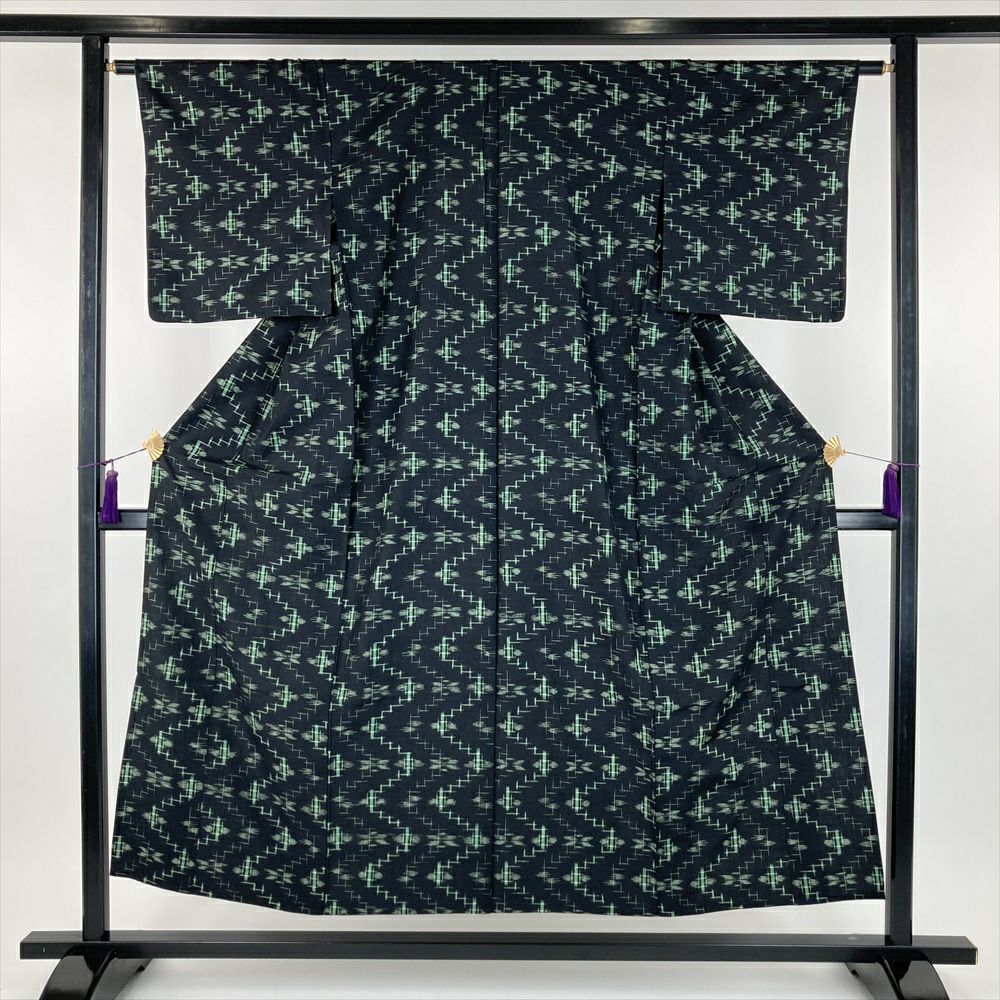 中古） 単衣紬 薄青 カジュアル 織り 変わり横段 ひとえ SS【身丈
