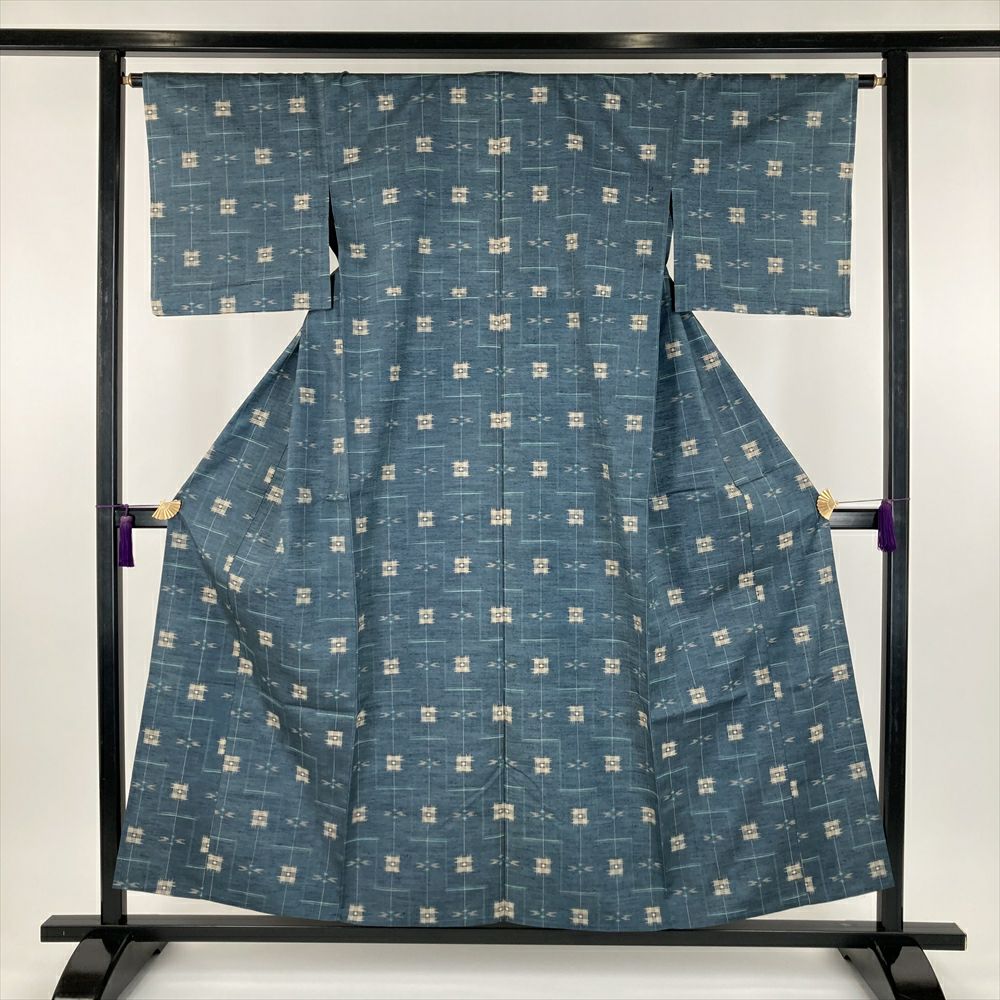 中古）単衣紬 薄青緑 カジュアル 織り 幾何学 ひとえ SS【身丈】150cm