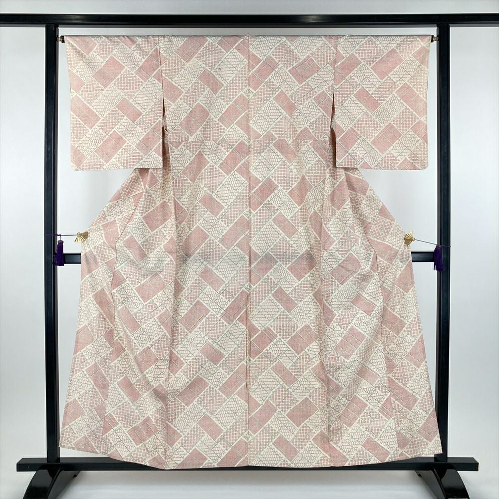 中古） 単衣紬 濃グレー カジュアル 織り 遠州椿 ひとえ SS【身丈