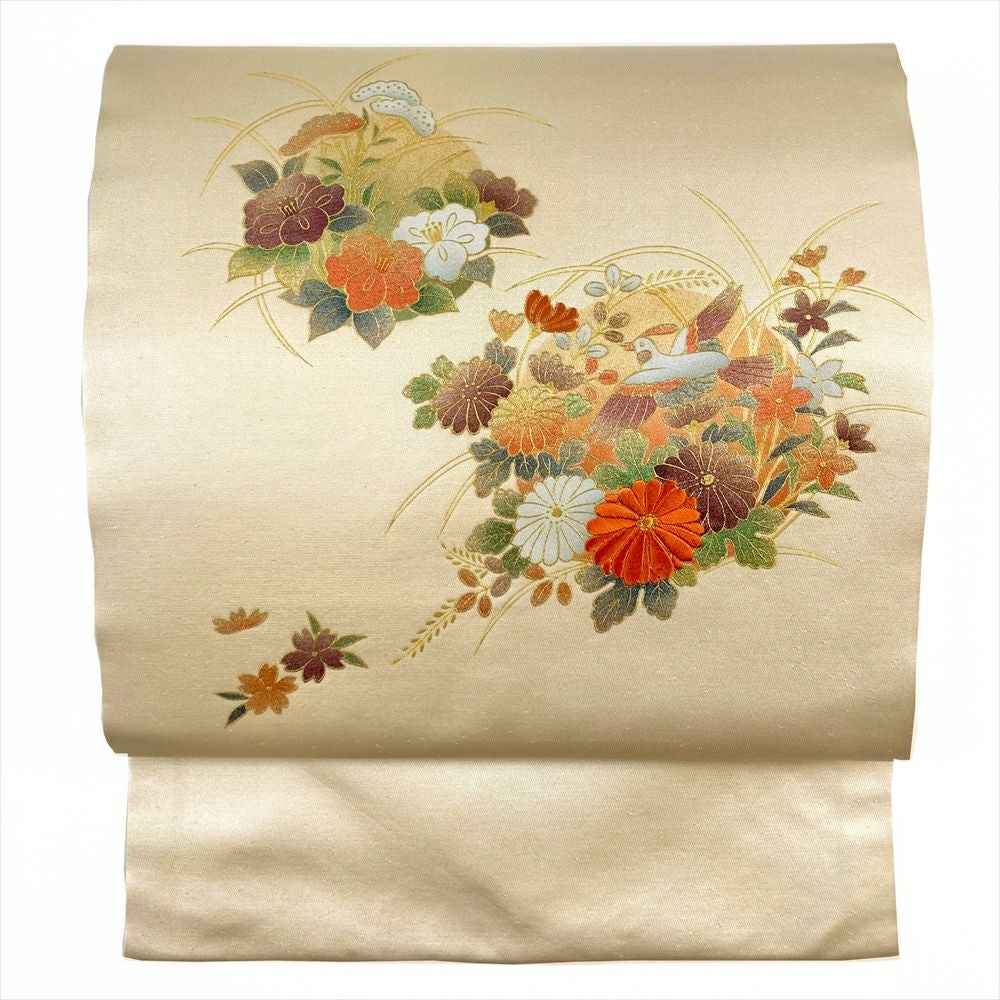 中古）九寸名古屋帯 オレンジ地 名古屋仕立て 金銀糸 扇面 菊