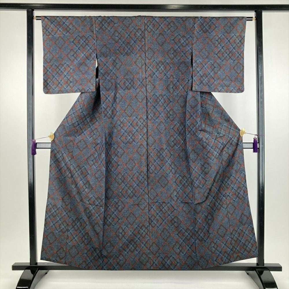 単衣 紬 ブルーグレー 中古）単衣紬 ブルーグレー カジュアル オリエンタル柄 単衣 絹 【身丈