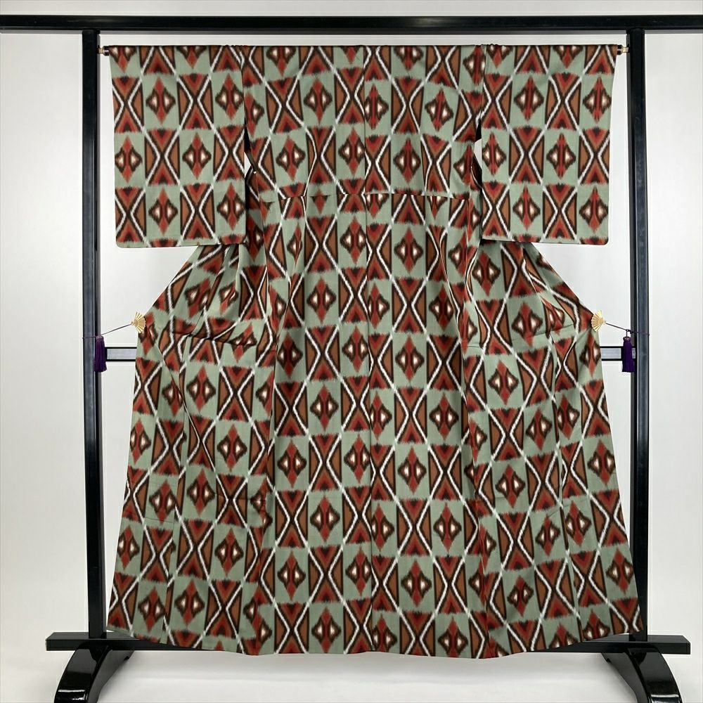 中古）夏紬 深緑 カジュアル 織り 縞 SS【身丈】145.5cm【裄丈】63cm