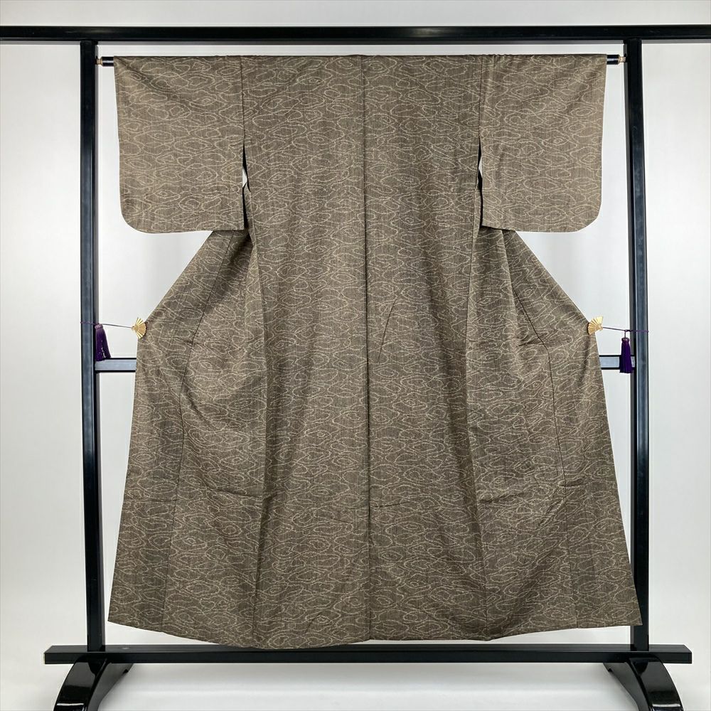 中古）夏紬 深緑 カジュアル 織り 縞 SS【身丈】145.5cm【裄丈】63cm