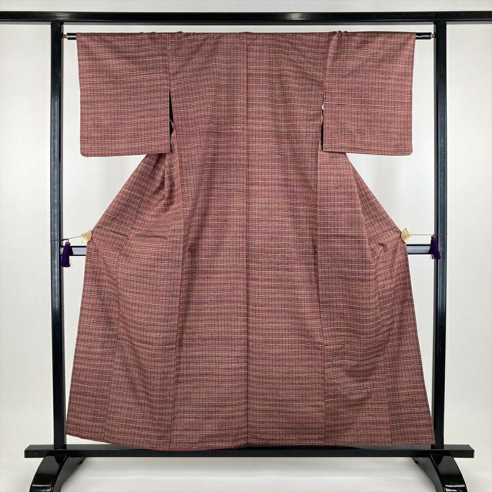 中古） 単衣紬 赤 カジュアル 織り 格子 ひとえ SS【身丈】152cm【裄丈