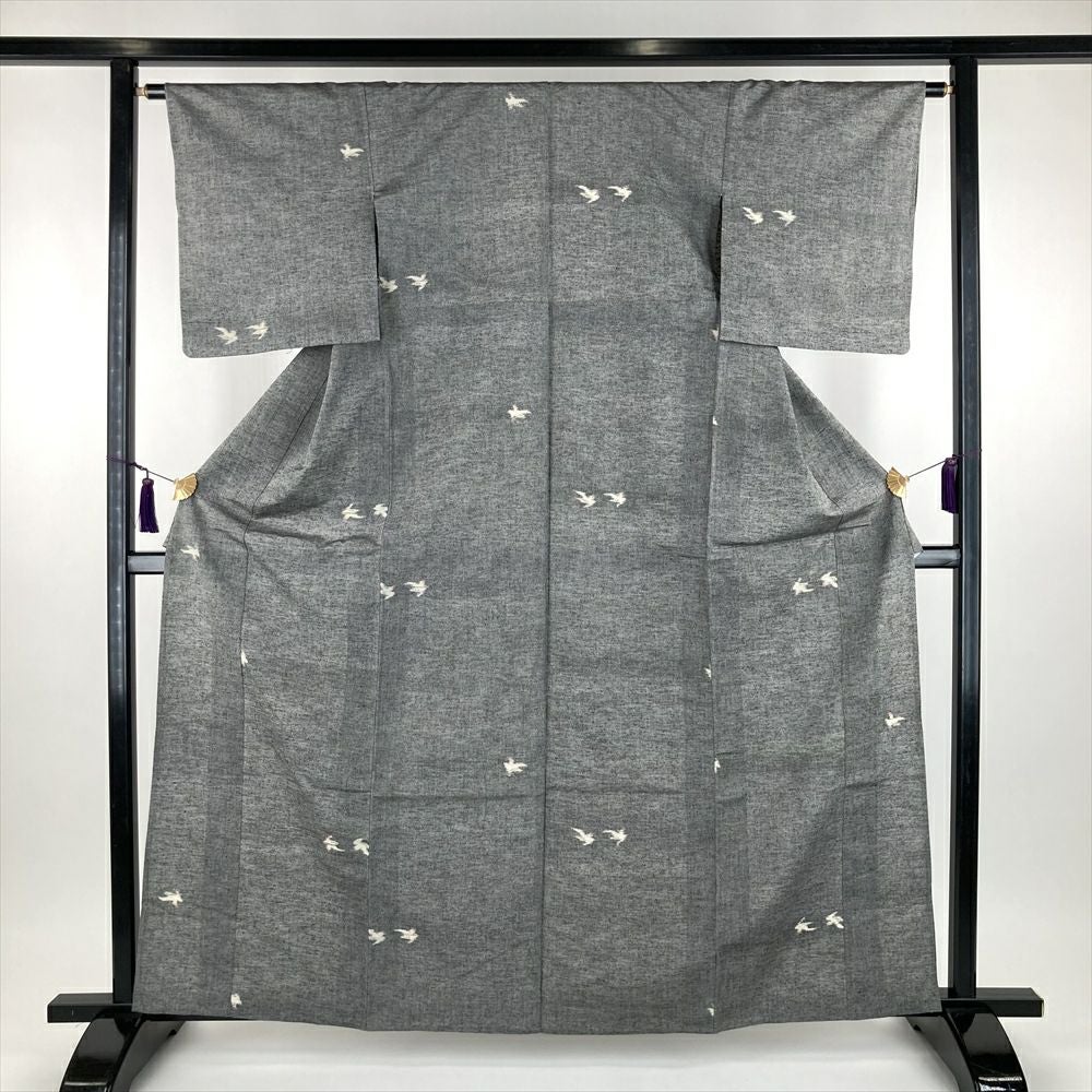 中古）単衣紬 ブルーグレー カジュアル オリエンタル柄 単衣 絹 【身丈