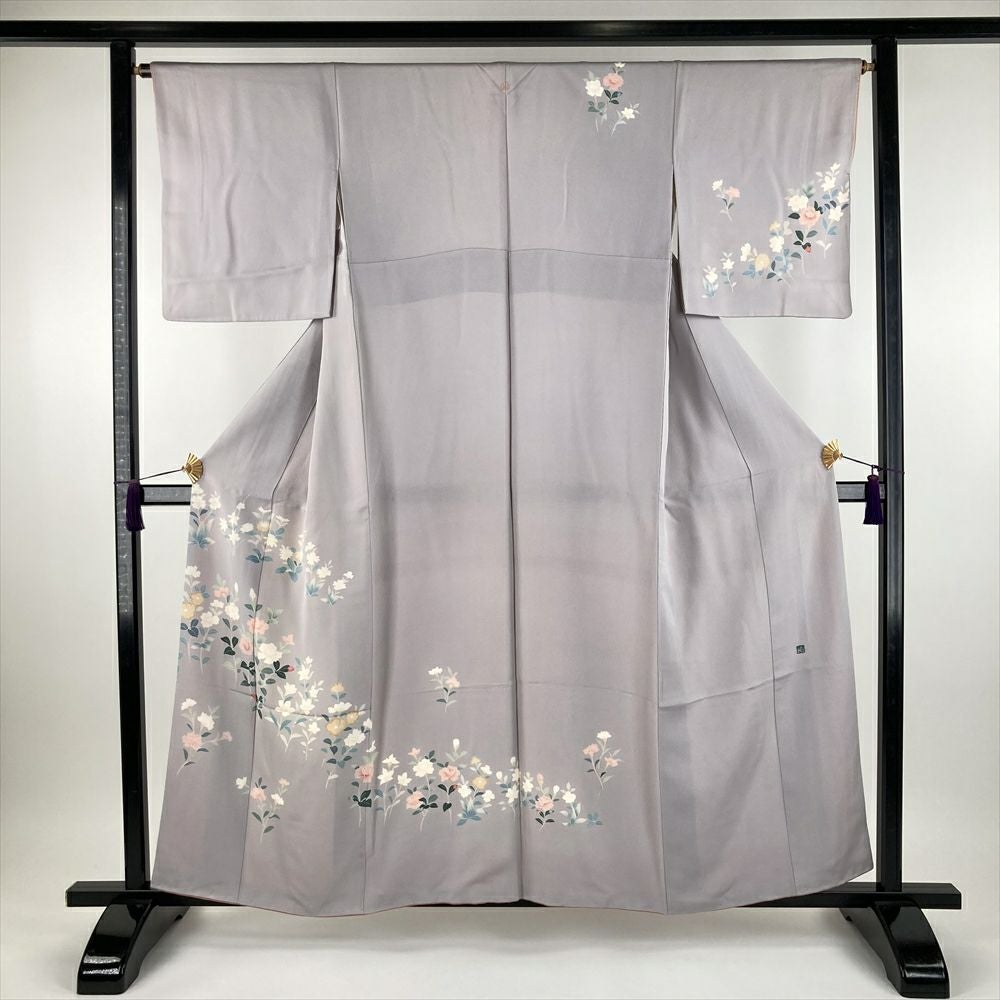 中古） 訪問着 薄藤色 紫系 セミフォーマル ちりめん 加賀調 四季花 袷