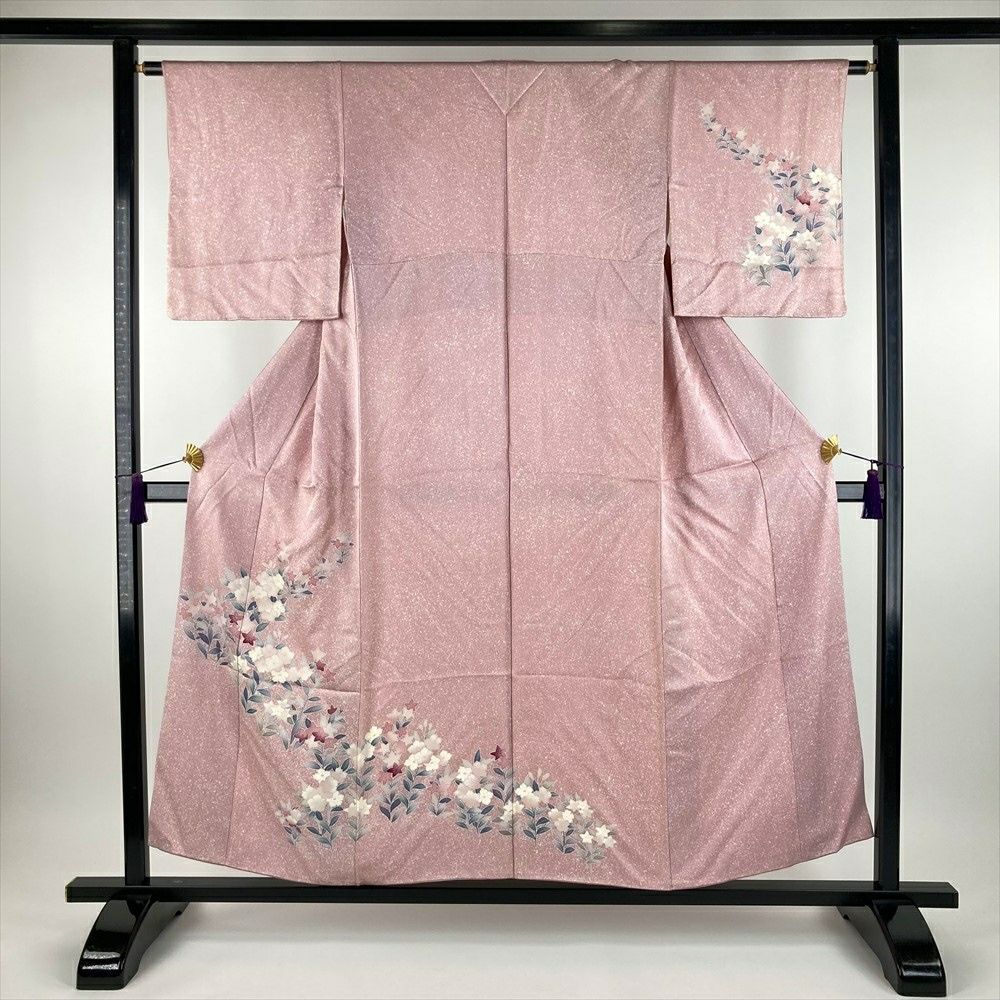 中古）訪問着 薄ピンク セミフォーマル 地紋織り 染め 金彩 鴛鴦 四季
