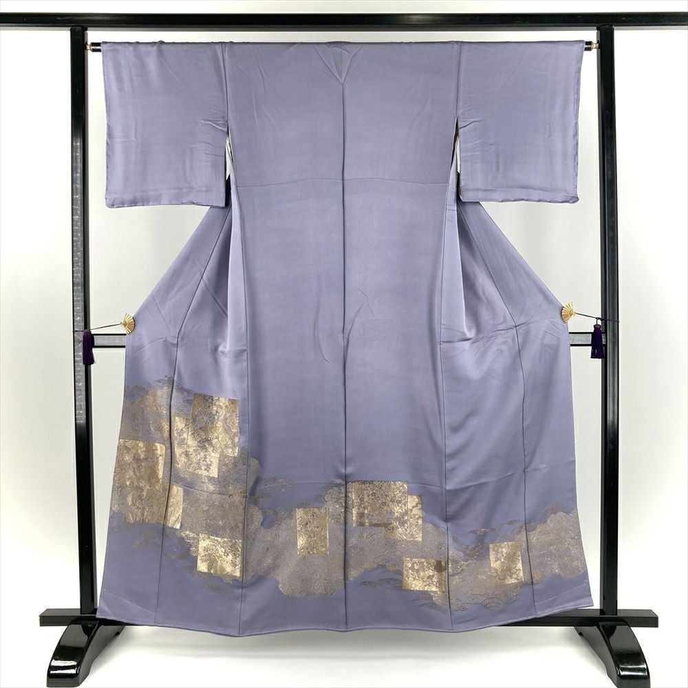 中古）色留袖 グレー フォーマル 金駒刺繍 金彩 友禅 四季花 流水紋 和