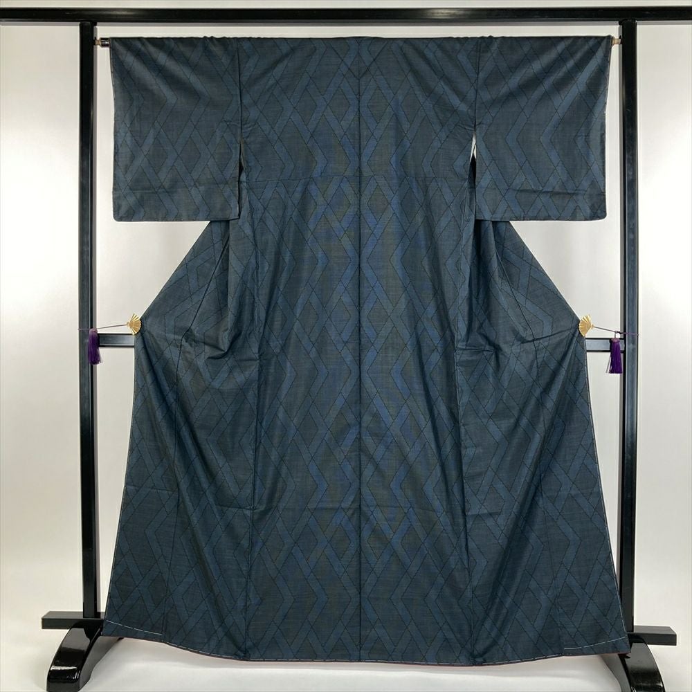 中古） 大島紬 黒 藍 カジュアル 雲に花の丸文様 袷 絹 【身丈】159cm