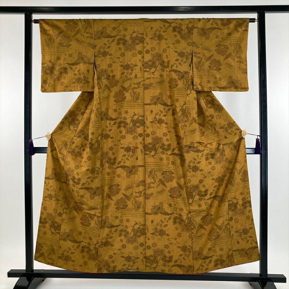 中古） 紬 山吹色 カジュアル 松竹梅に鳥 袷 SS 【身丈】150.5cm【裄丈