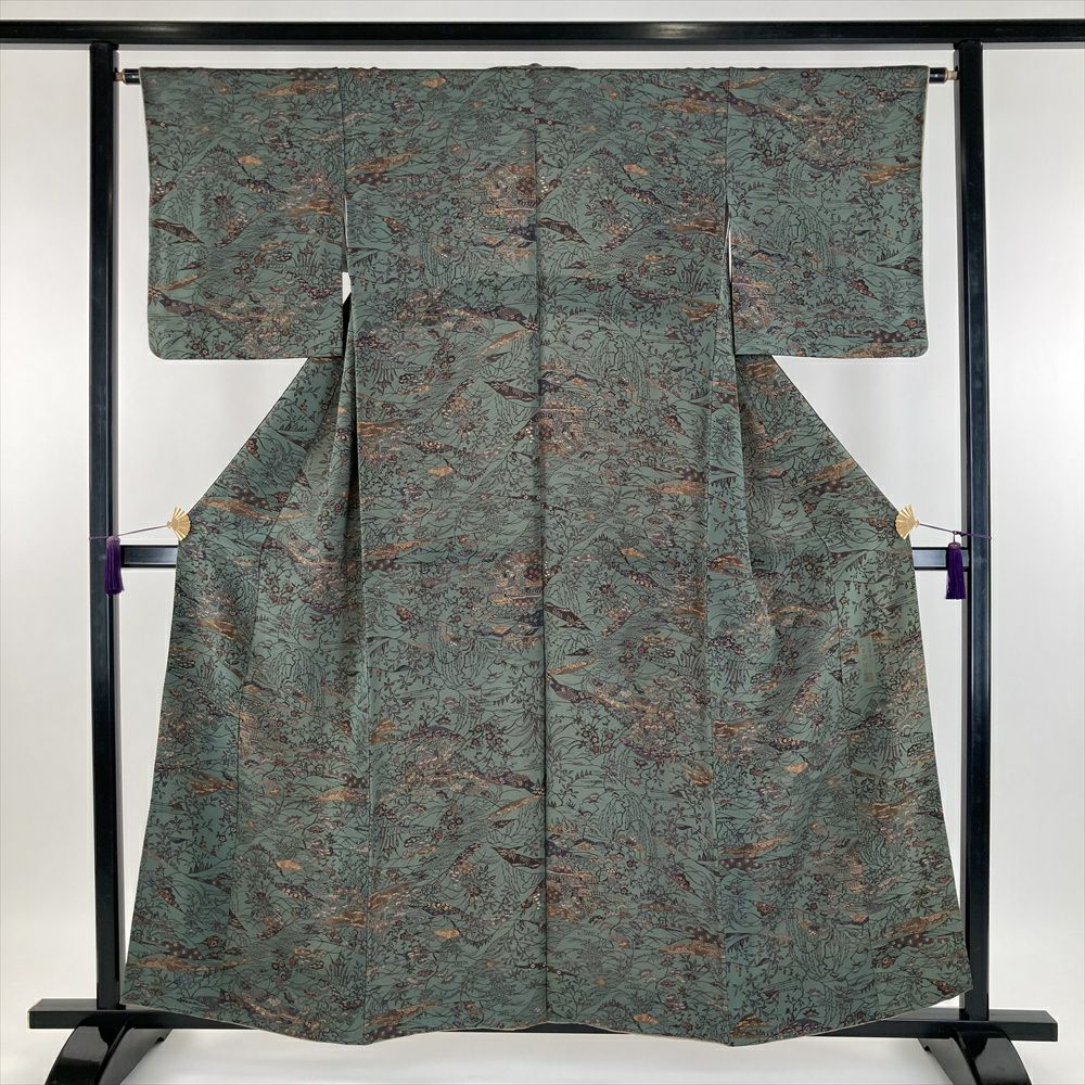 中古） 小紋 濃青磁色 青緑 カジュアル ちりめん 型絵染め 景色 袷 SS