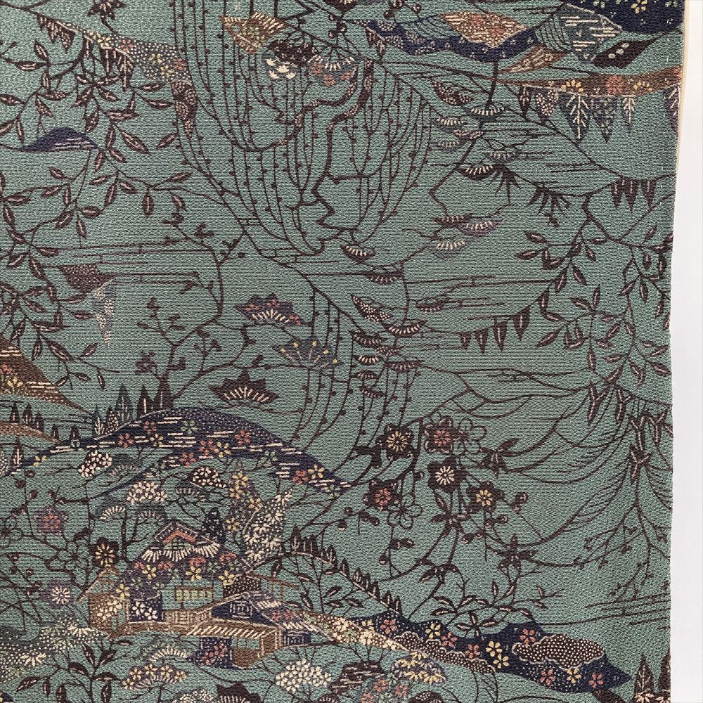 中古） 小紋 濃青磁色 青緑 カジュアル ちりめん 型絵染め 景色 袷 SS
