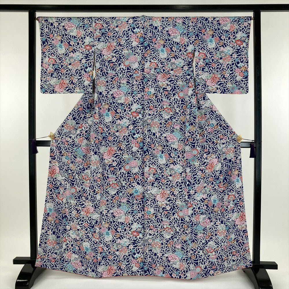 中古） 小紋 紺色 カジュアル 花籠 紅型調 袷 M【身丈】160cm【裄丈】66cm