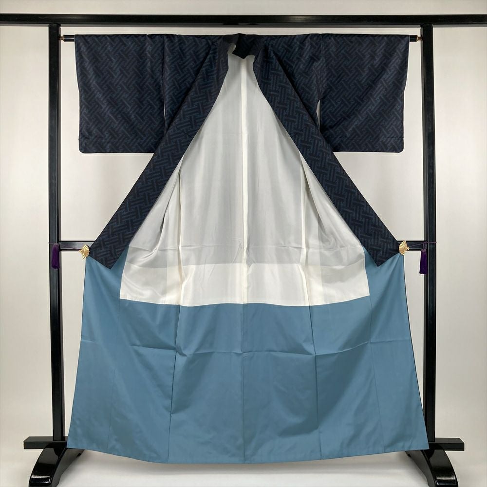 中古） 大島紬 紺 カジュアル 横双 紗綾型 袷 S【身丈】159cm【裄丈