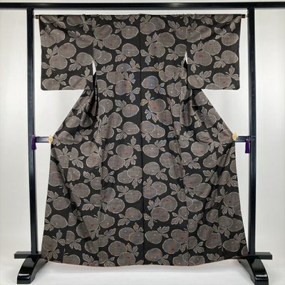 中古） 大島紬 黒 藍色 紺 カジュアル 7マルキ 抽象柄 袷 S【身丈 