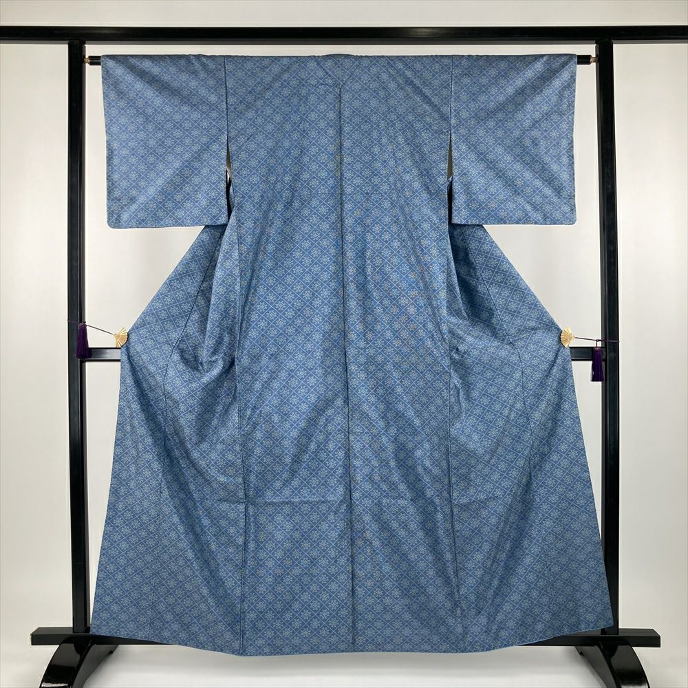 中古） 紬 水色 カジュアル 斜め格子 井桁調 袷 S【身丈】157cm【裄丈