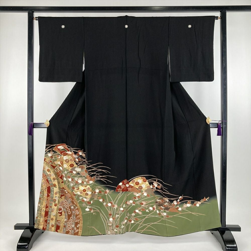 中古） 黒留袖 黒 フォーマル 金彩 刺繍 波に鳥 袷 絹【身丈】157.5cm