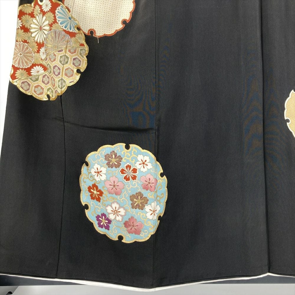 中古）黒留袖 黒色 フォーマル 刺繍 金彩 雪輪 吉祥文 袷 SS【身丈