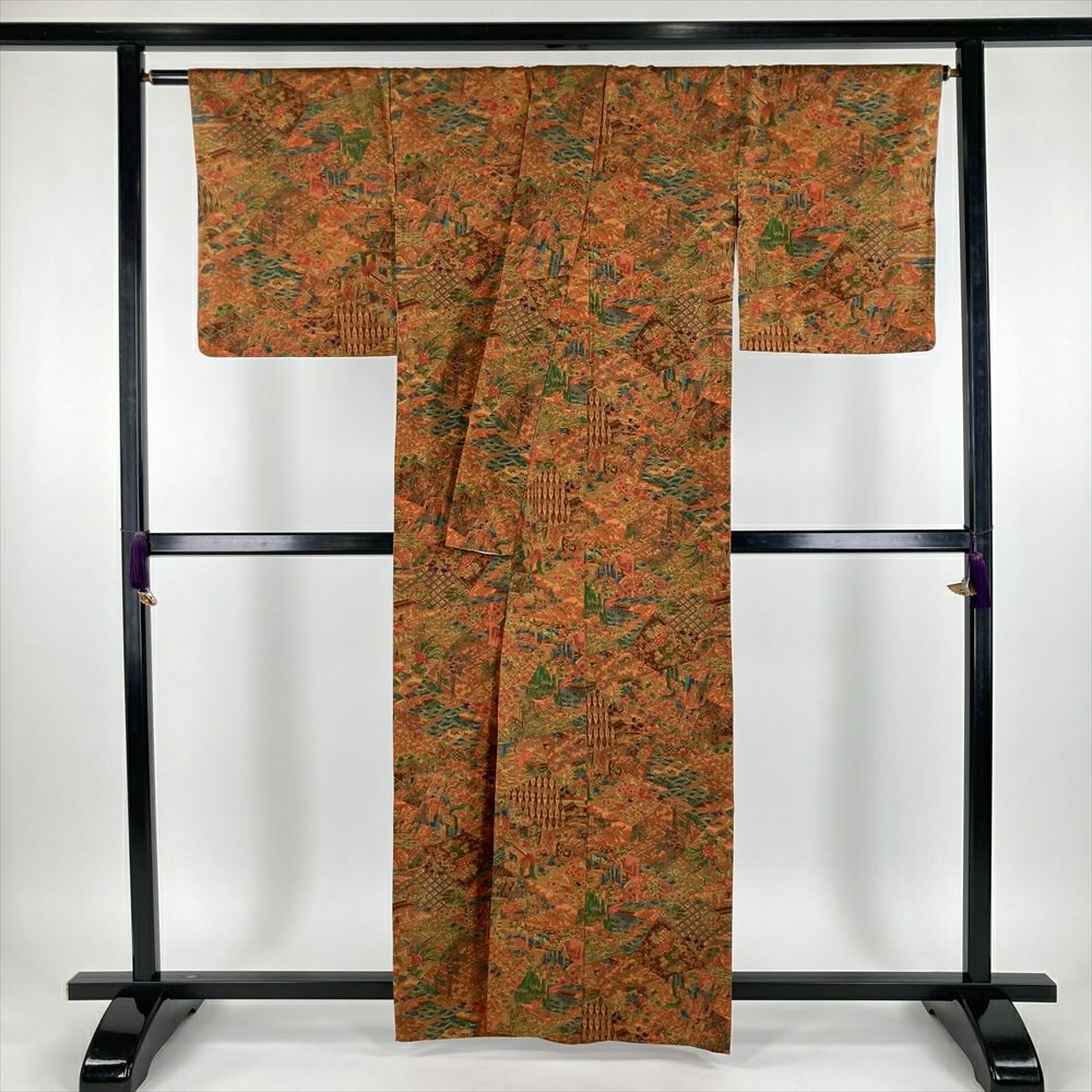 中古） 単衣小紋 濃柿色 オレンジ カジュアル 紬地 貝桶 御所車 四季花
