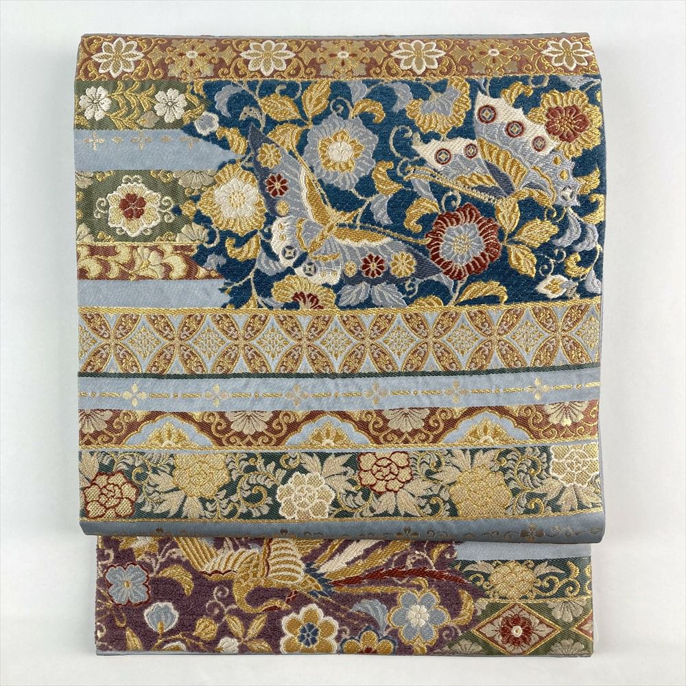 中古）袋帯 黒 金 セミフォーマル 六通 織り 桐笹 吉祥文 絹