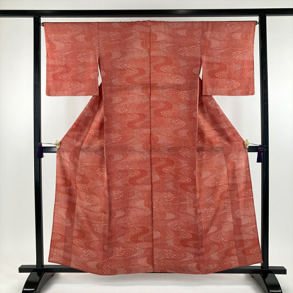 中古）単衣江戸小紋 緑 カジュアル 万筋 ひとえ SS【身丈】146.5cm【裄