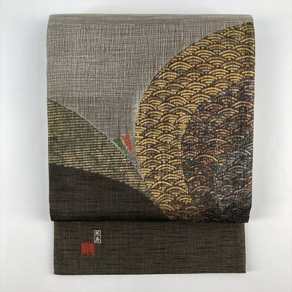 中古）藤林徳扇 袋帯 灰茶色 金色 藤林徳扇 苑寿 セミフォーマル