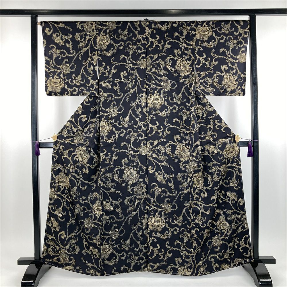 中古） 藤林徳扇 小紋 紺色 カジュアル ちりめん 染め たたき 蒔糊