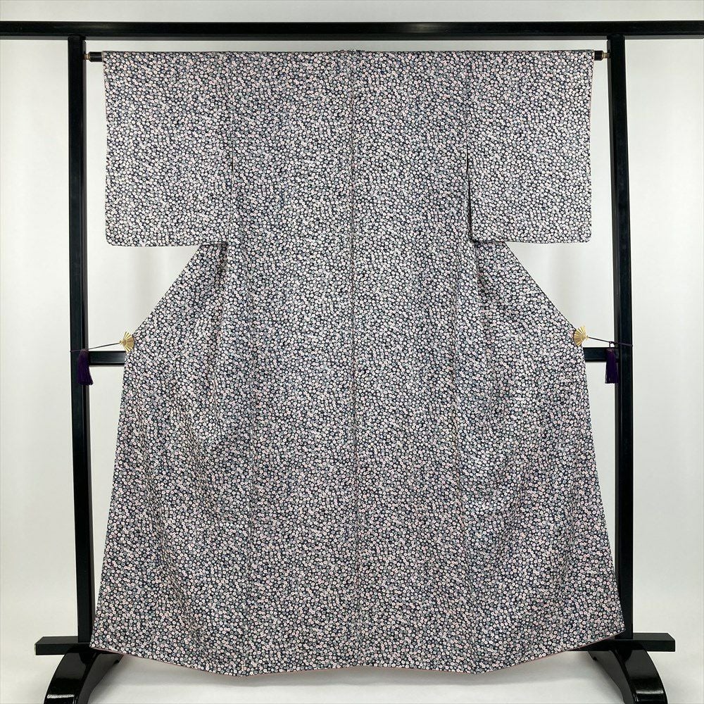 中古） 小紋 グレー 黒 カジュアル 染め 梅尽くし 袷【身丈】156.5cm