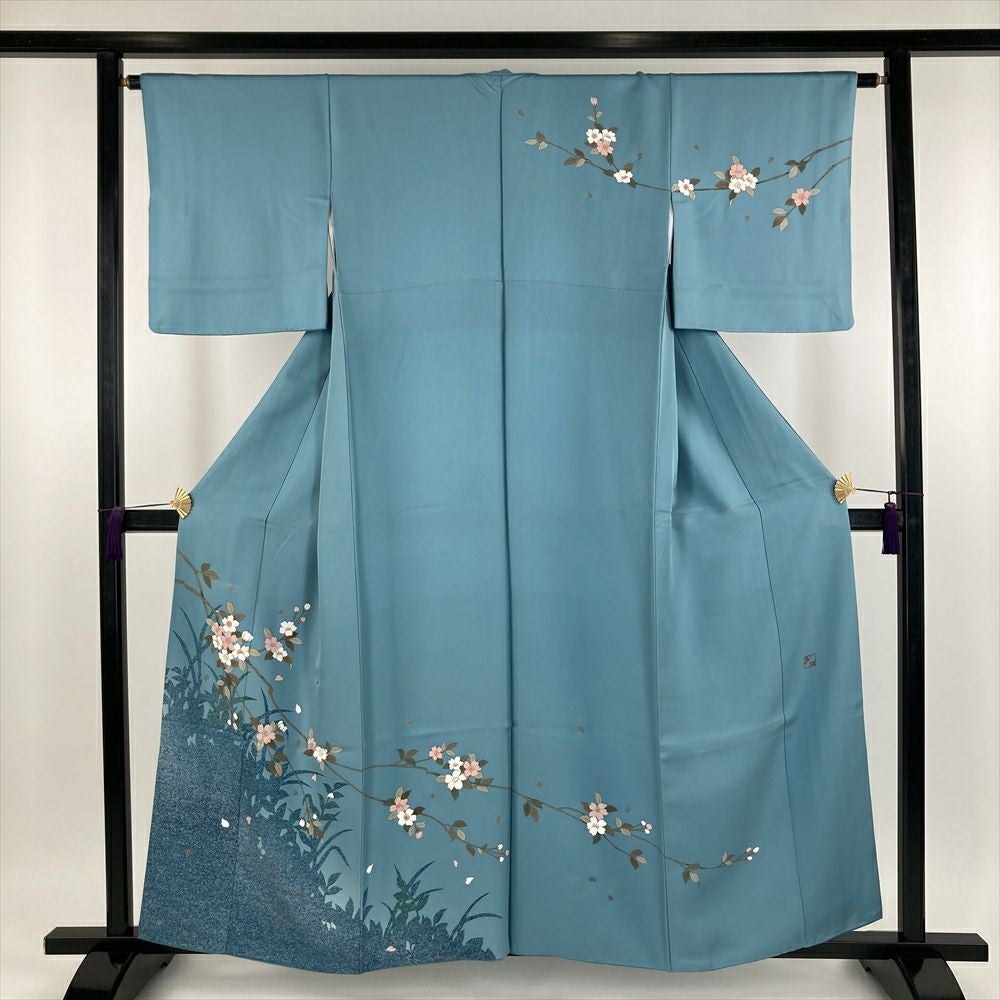 中古） 訪問着 水色 セミフォーマル 染め 銀彩 桜 袷【身丈】153cm【裄