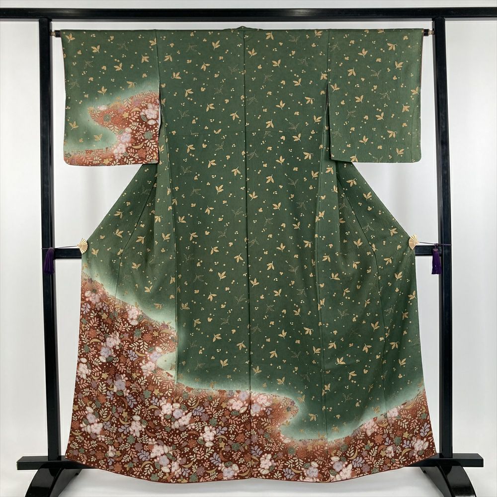 中古） 訪問着 緑 セミフォーマル 地紋織り 染め 辻が花 袷【身丈
