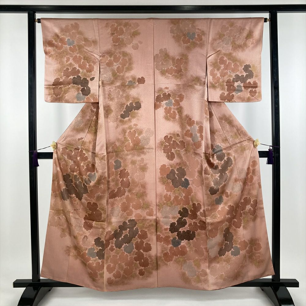 中古） 訪問着 薄オレンジ セミフォーマル 染め 金彩 刺繍 蔦 袷【身丈