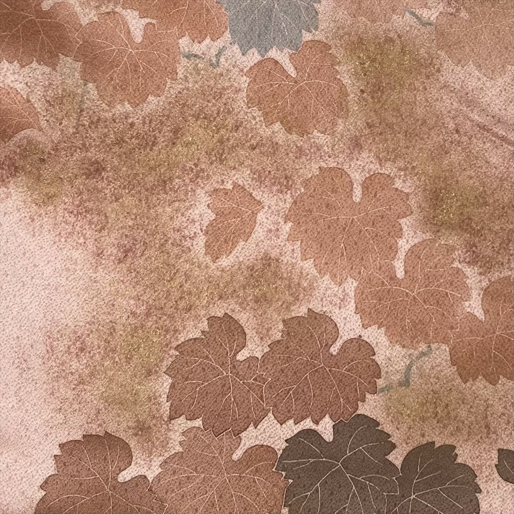 中古） 訪問着 薄オレンジ セミフォーマル 染め 金彩 刺繍 蔦 袷【身丈