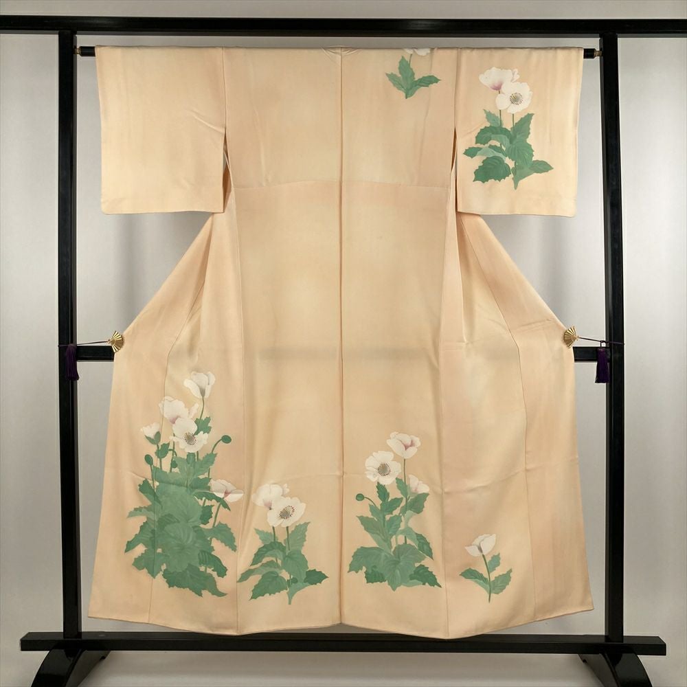 中古） 訪問着 滅紫色 セミフォーマル たたき染め 紬地 四季の草花 袷