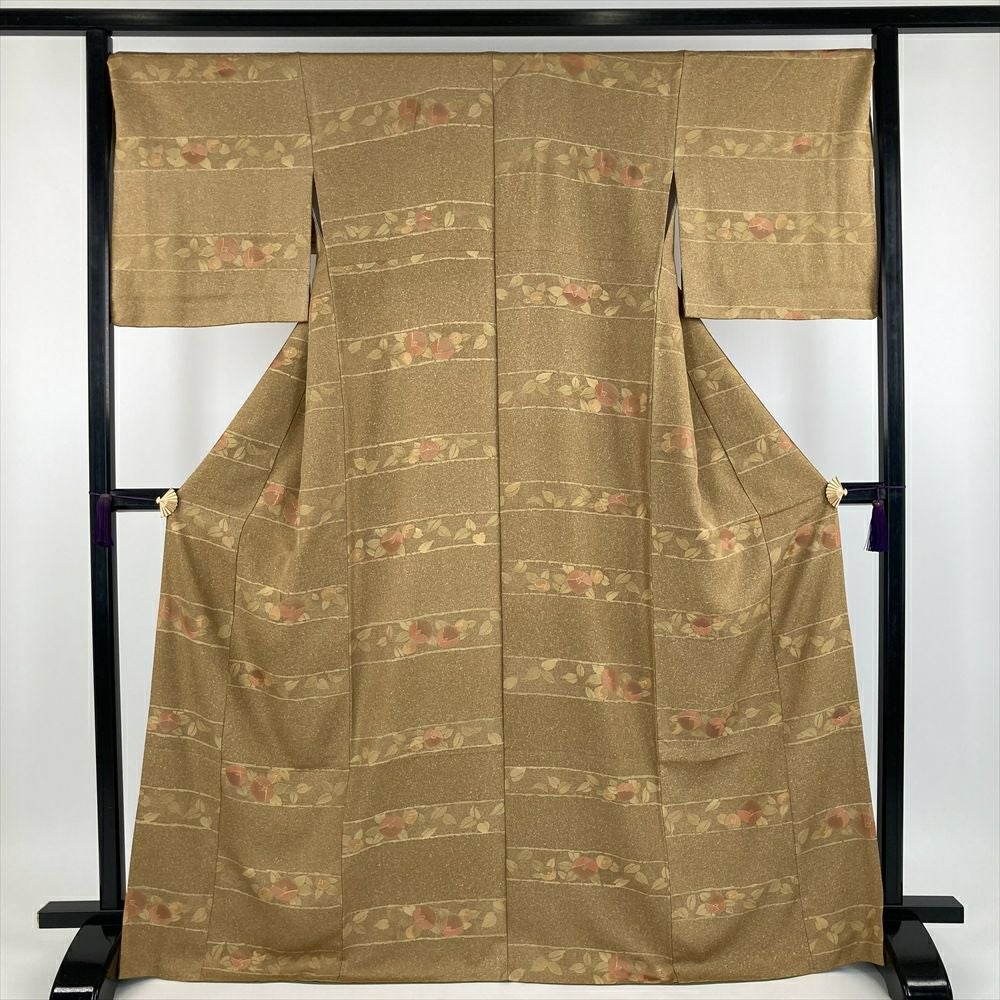 中古） 小紋 黄色 芥子色 カジュアル 地紋織り 染め 金彩 椿 袷【身丈