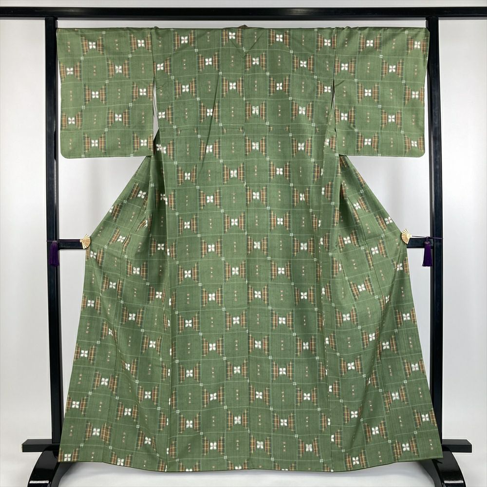 【着物】紬 井桁に花文 身丈約156.5cm 裄丈約62.5cm 24Z-2220 身丈156 裄62.5 紬 単衣 夏 着物 花柄 青系 - メルカリ
