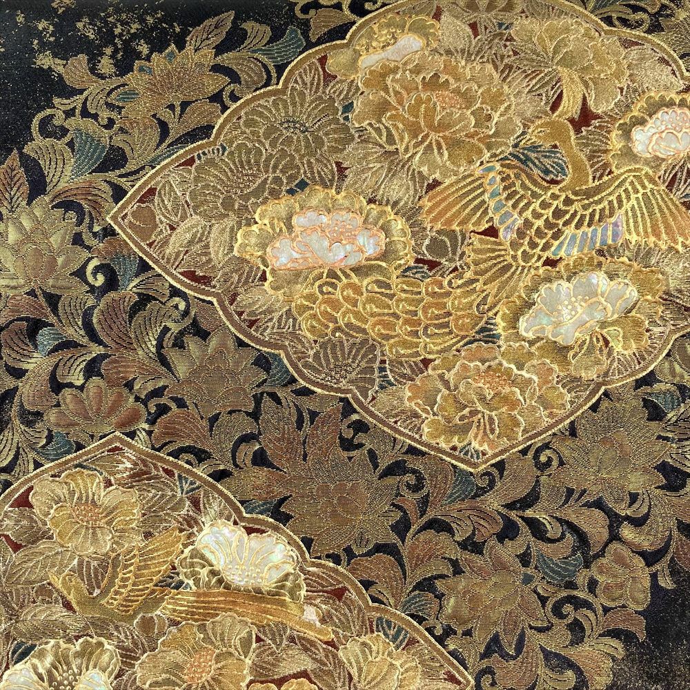 中古）袋帯 黒 金 フォーマル 六通 織り 引き箔 金彩 螺鈿細工調 鳳凰