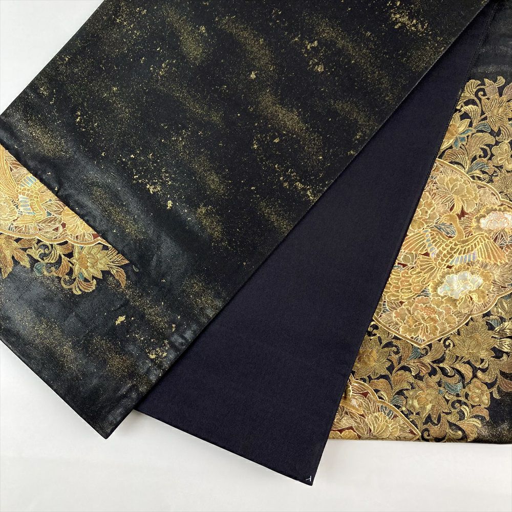 専用帯8573 8086 8700 三点セット●高級 正絹 六通 袋帯 中古）袋帯 黒 金 フォーマル 六通 織り 引き箔 金彩 螺鈿細工調 鳳凰