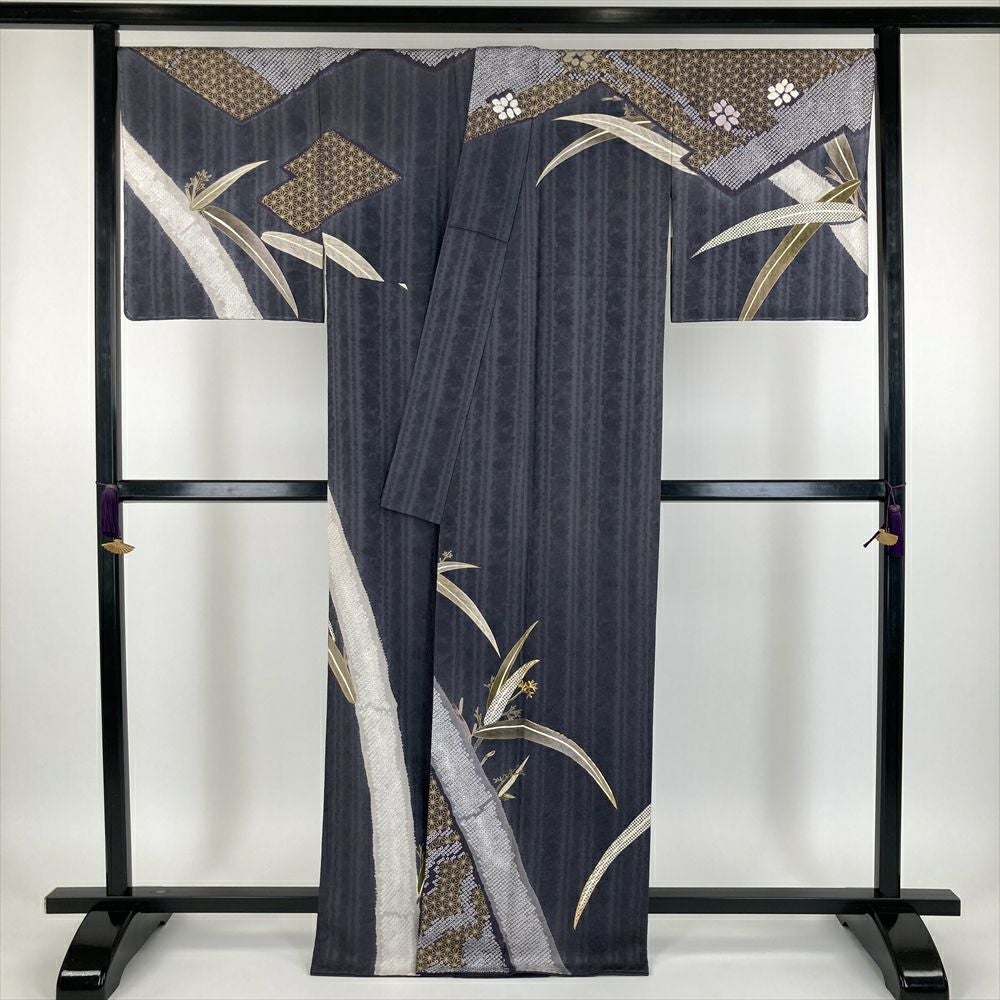 中古） 大喜百花 訪問着 グレー セミフォーマル 地紋織り 染め 絞り
