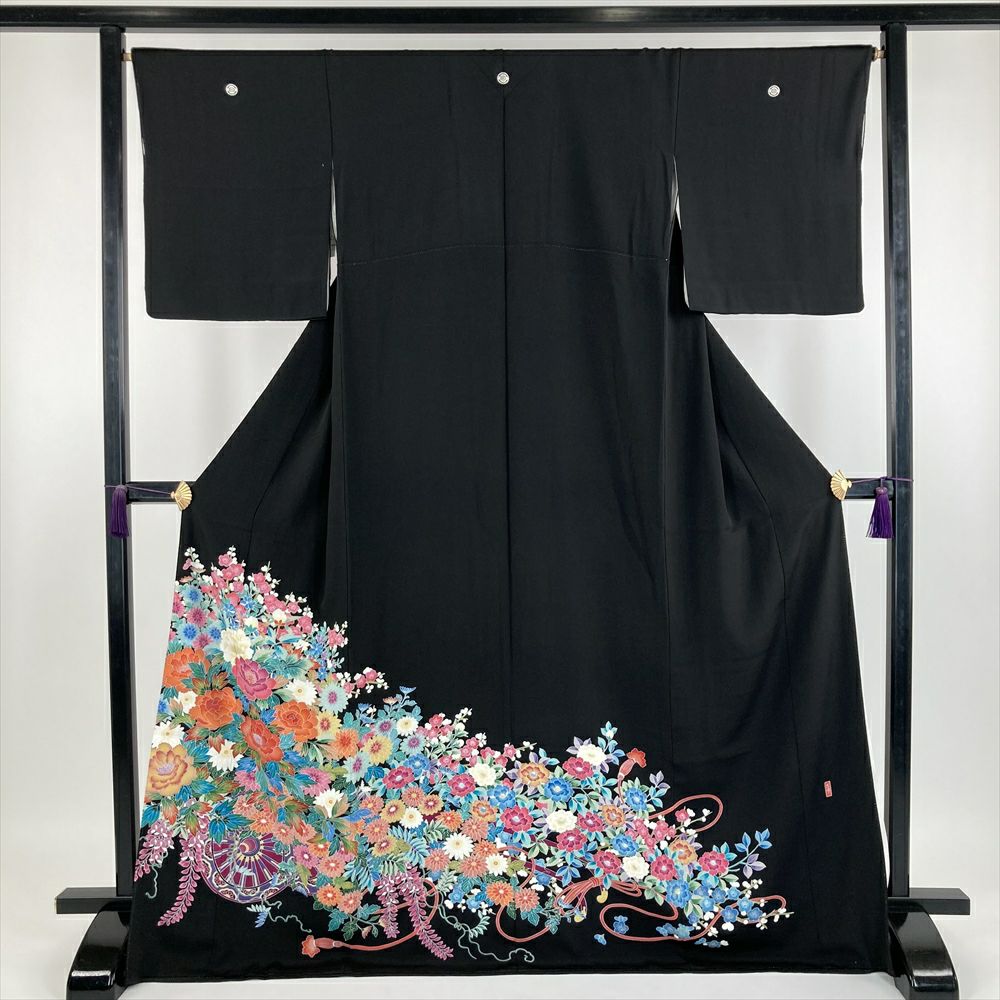 中古） 黒留袖 黒色 フォーマル ちりめん 染め 花車 袷【身丈】167cm
