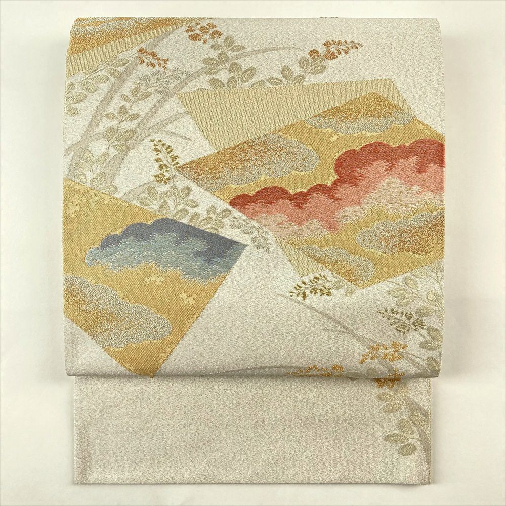 中古）袋帯 銀色 セミフォーマル 六通 織り 金糸 銀糸 色紙 雲 秋草
