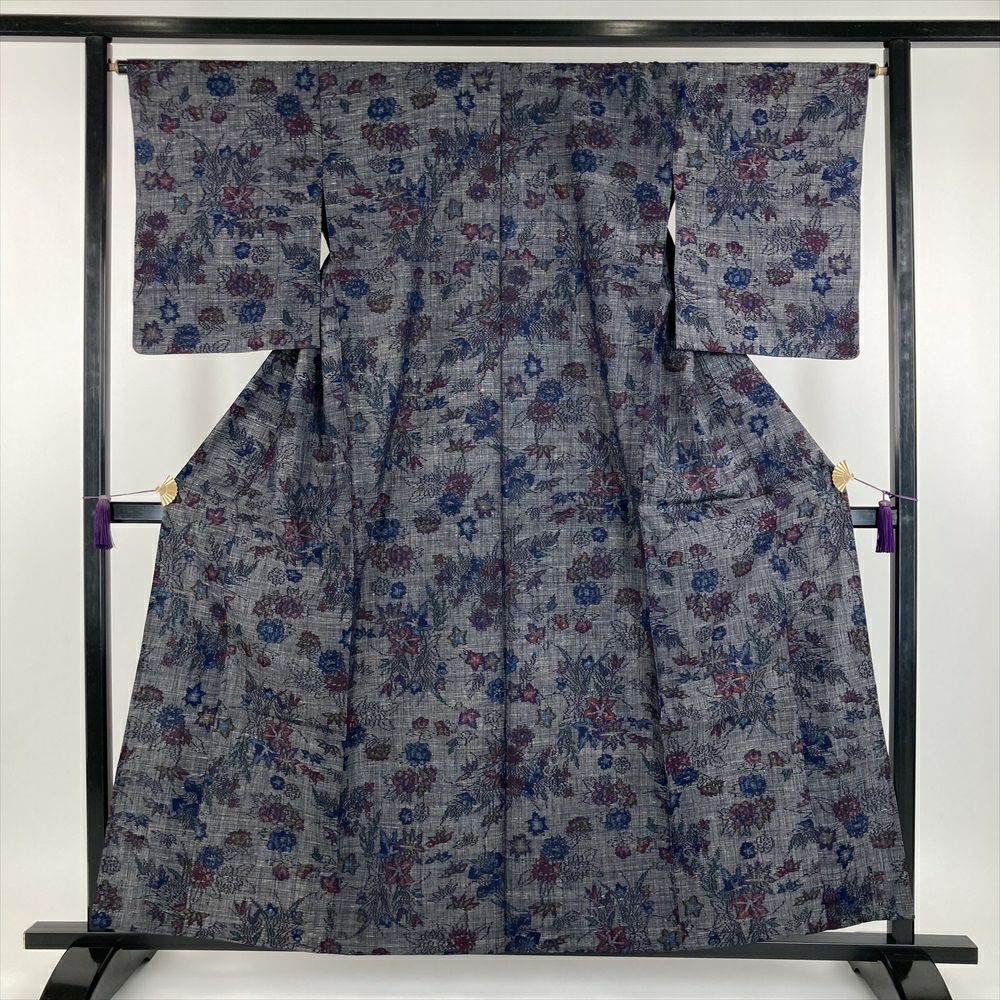 中古）単衣紬 ブルーグレー カジュアル オリエンタル柄 単衣 絹 【身丈