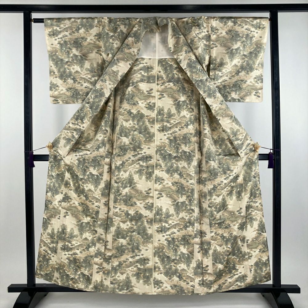 中古） 単衣紬 生成 カジュアル 木立 家屋 単衣【身丈】154cm【裄丈