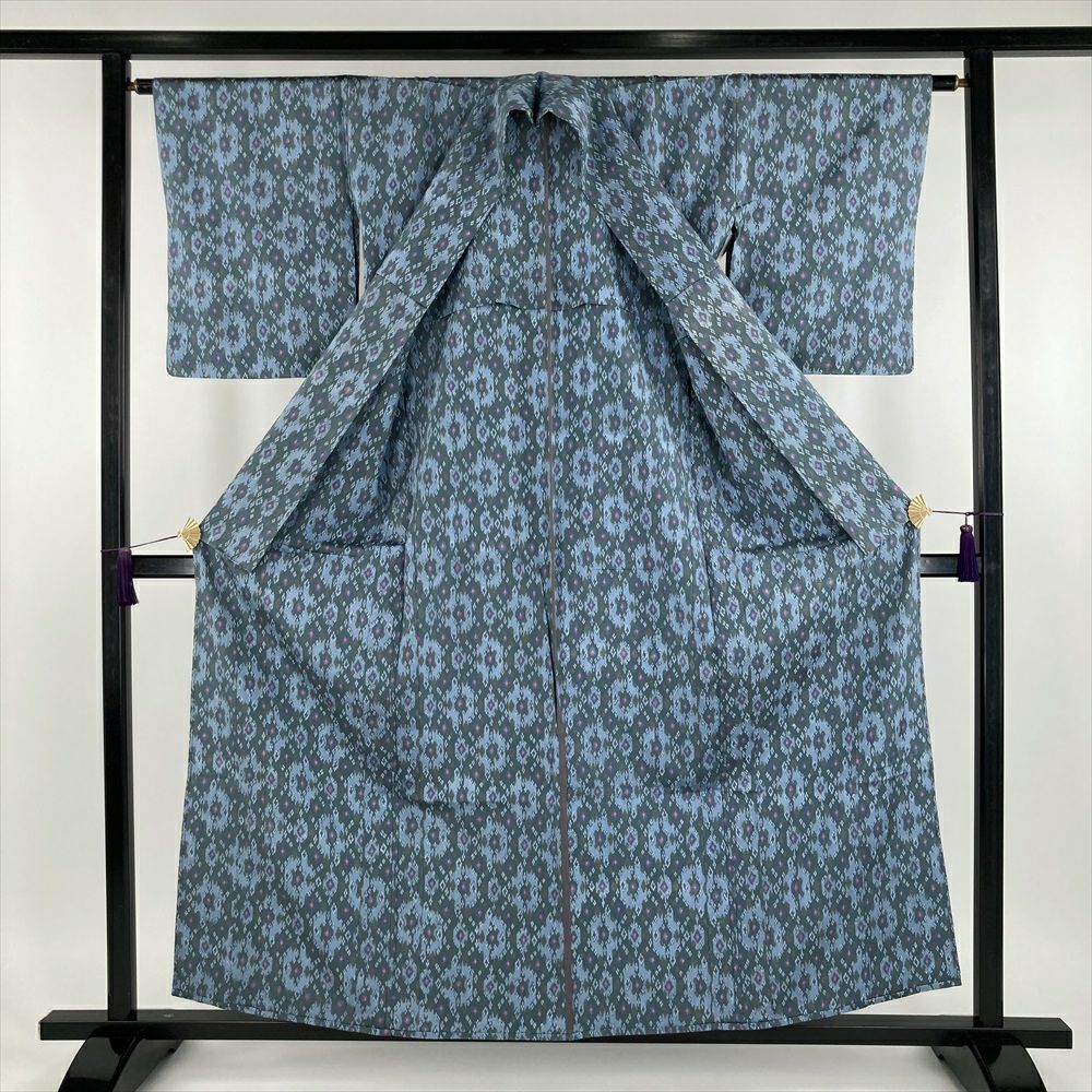 中古） 単衣紬 灰青色 カジュアル 幾何学柄 単衣【身丈】155cm【裄丈】64cm