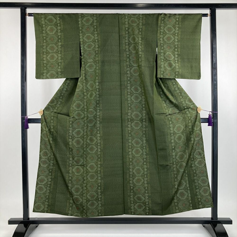 中古） 単衣紬 緑 カジュアル 菊亀甲 単衣【身丈】149.5cm【裄丈】62.5cm