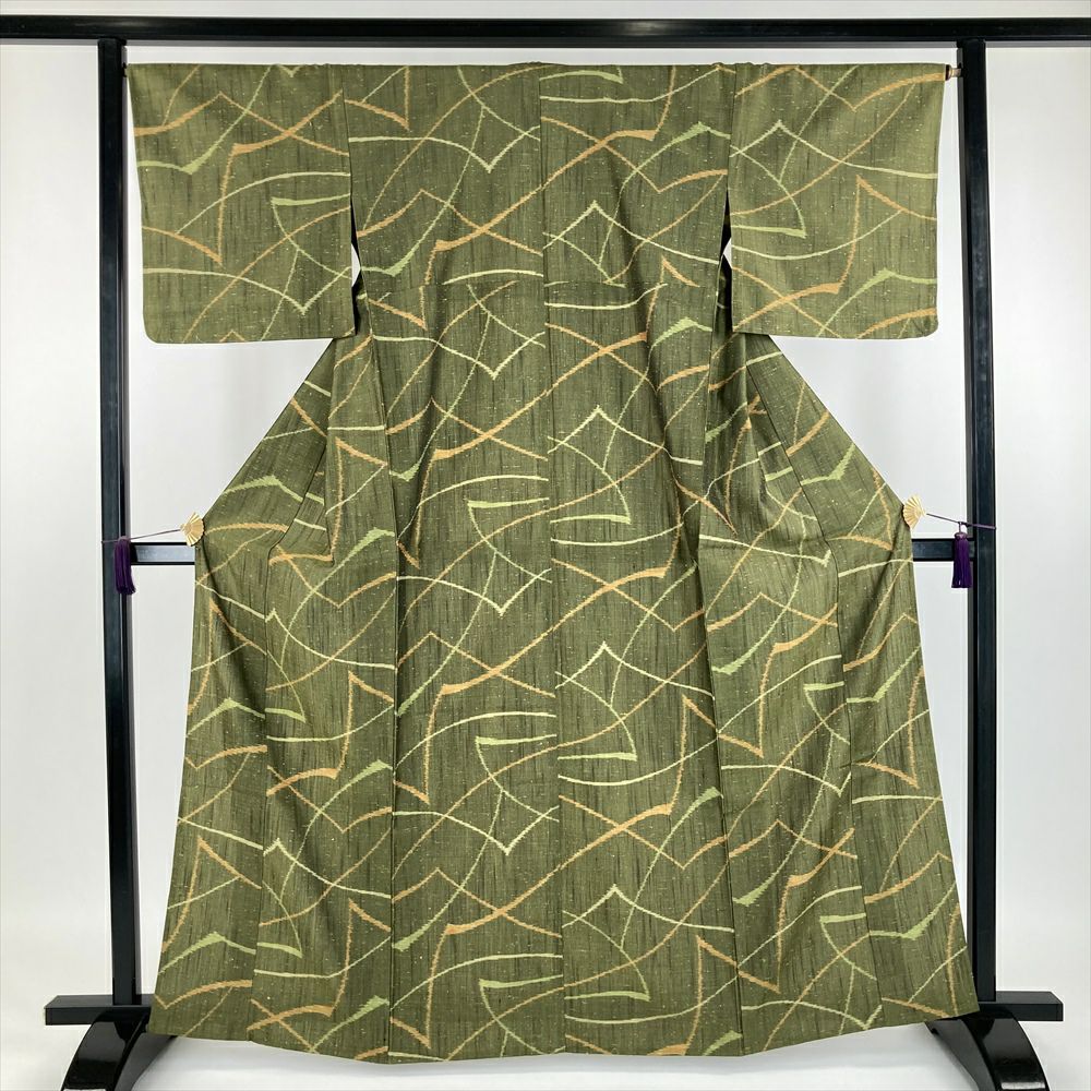 中古）単衣紬 緑 柳茶色 カジュアル 抽象柄 単衣【身丈】159.5cm【裄丈