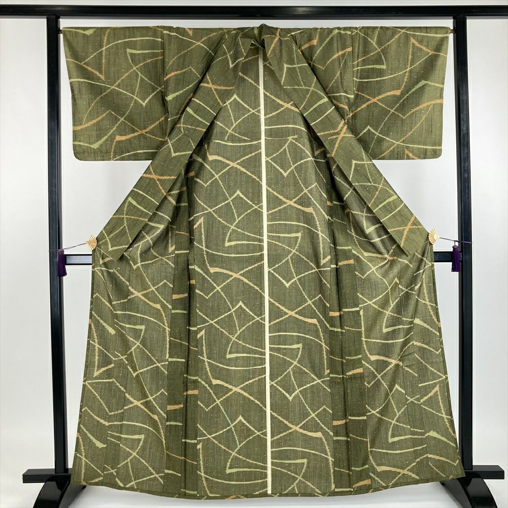 中古）単衣紬 緑 柳茶色 カジュアル 抽象柄 単衣【身丈】159.5cm【裄丈