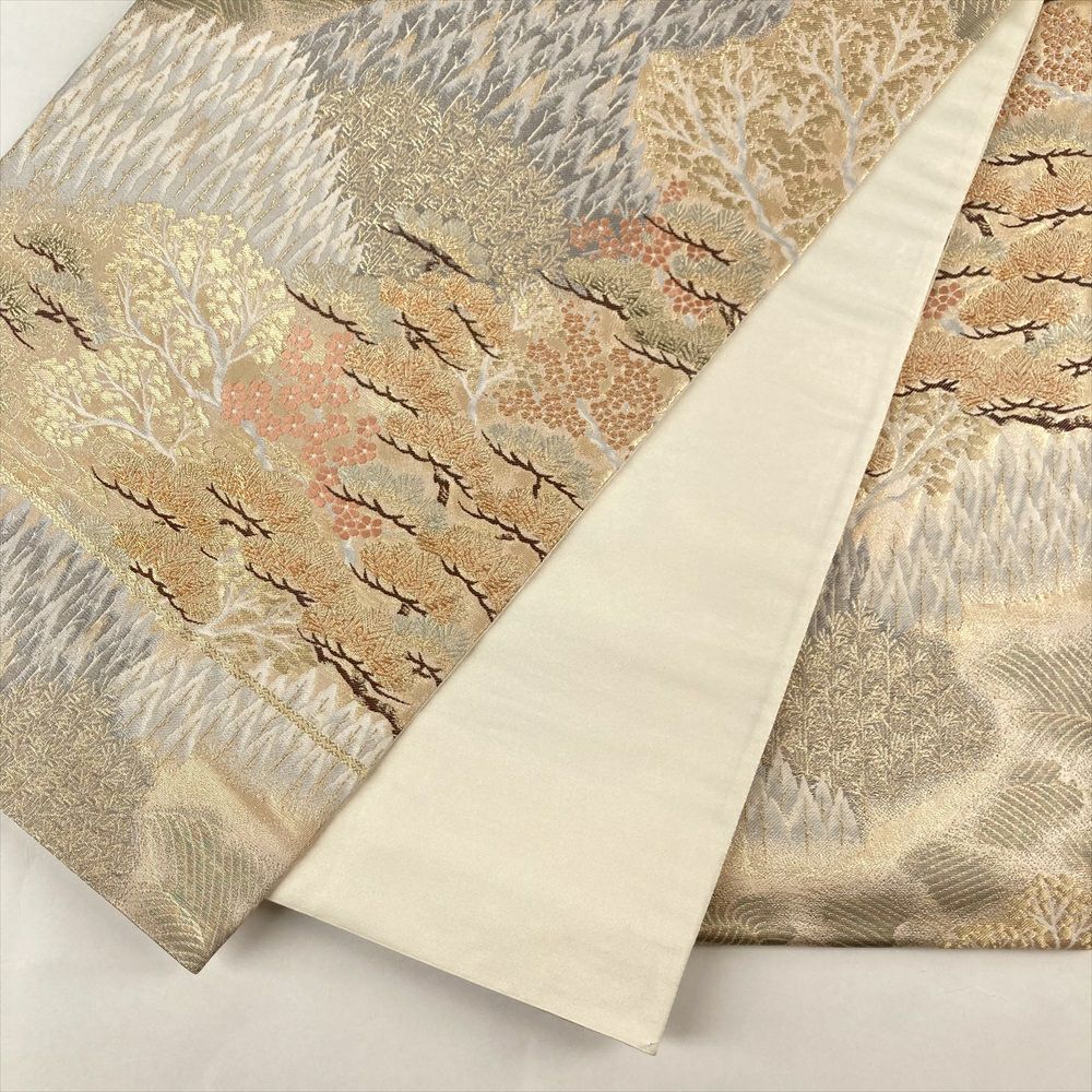 中古）袋帯 金色 フォーマル 六通 引き箔 金糸 純金二重箔 九百錦 山の景色
