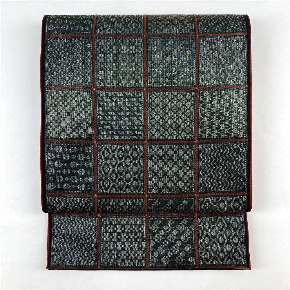 中古）京袋帯 赤茶色 カジュアル 全通 織り 天平文 オリエンタル