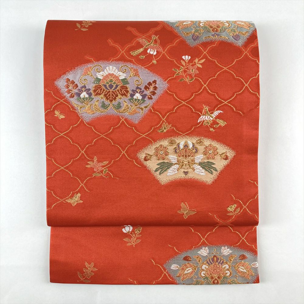 中古）九寸名古屋帯 オレンジ地 名古屋立て 金糸 花丸 蝶