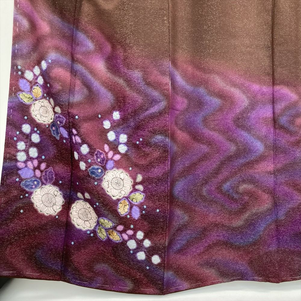 中古）久保田一竹 訪問着 茶 臙脂色 紫色 フォーマル 金通し 染め